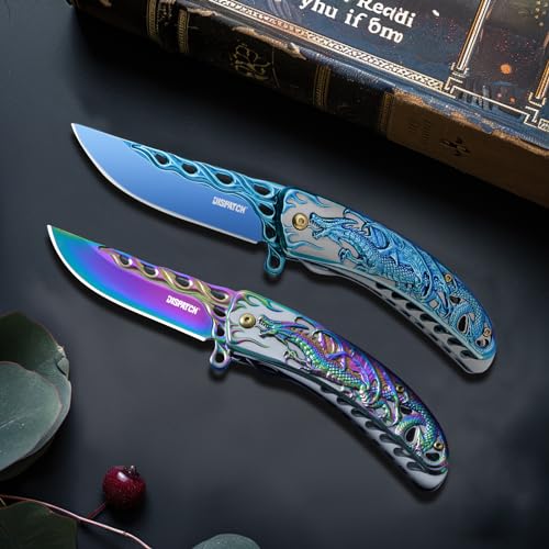 Dispatch Pocket Knife for Men Women with Clip, Folding Knife with Dragon Pattern Handle, Outdoor Hunting Camping Hiking EDC Tools