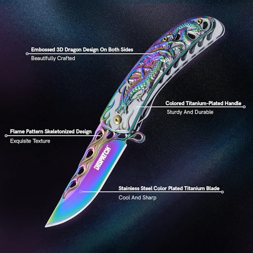 Dispatch Pocket Knife for Men Women with Clip, Folding Knife with Dragon Pattern Handle, Outdoor Hunting Camping Hiking EDC Tools