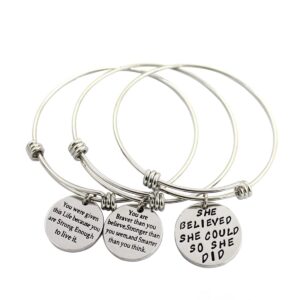 3 pack women engraved message inspirational words round charm bracelets set expandable silver plated stainless steel motivational bangle bracelet 3 pic set