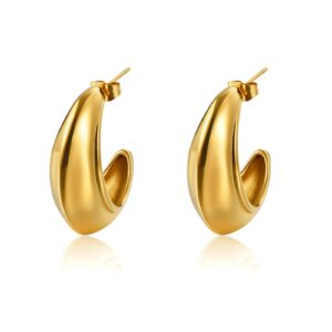 POVIK Chunky Gold Hoop Earrings for Women, 18K Real Gold Plated Open Half Thick Hoop Statement Stainless Steel Earrings