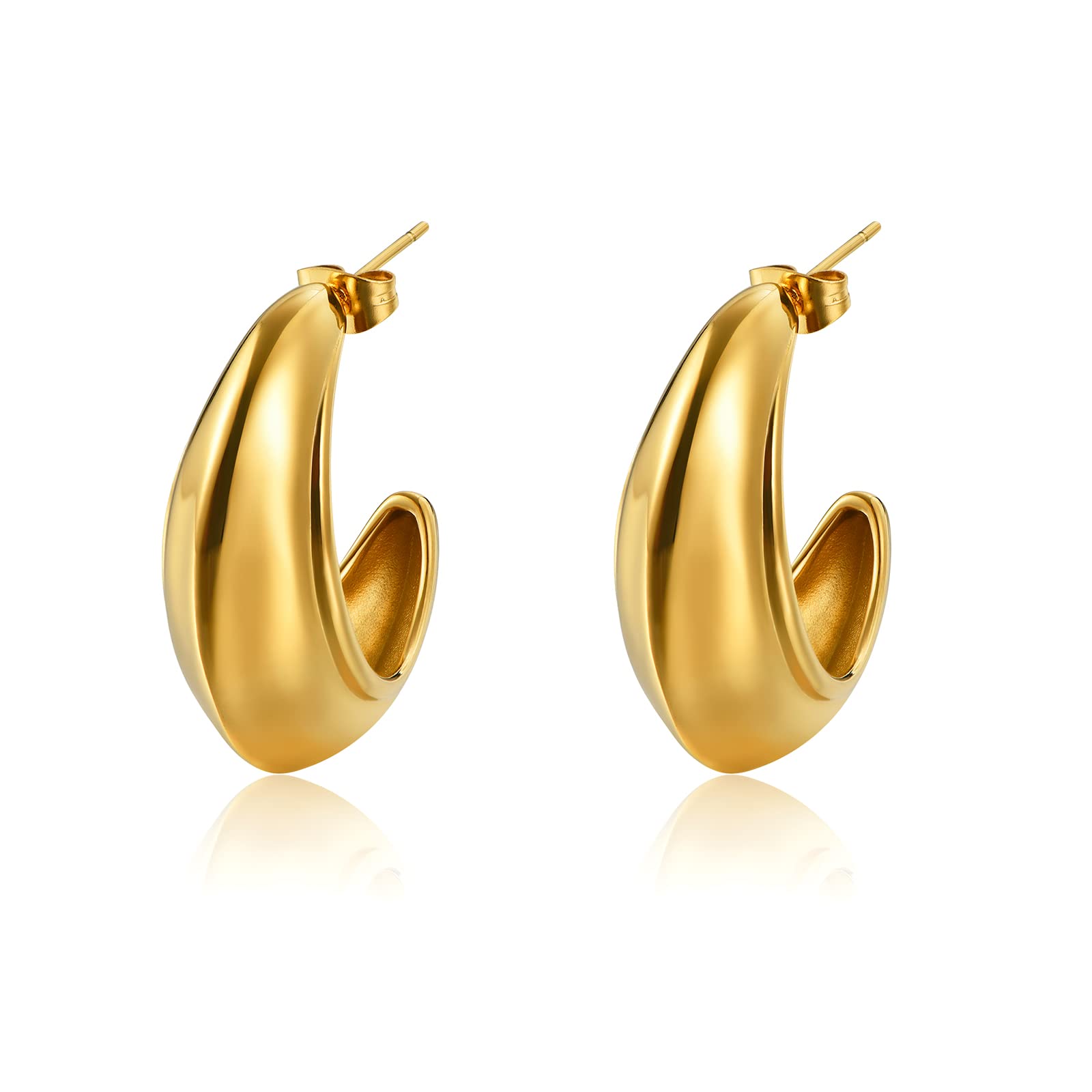 POVIK Chunky Gold Hoop Earrings for Women, 18K Real Gold Plated Open Half Thick Hoop Statement Stainless Steel Earrings