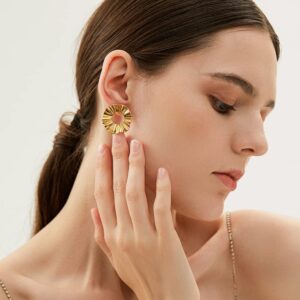 POVIK 14K Gold Plated Flower Hoop Earrings, Vintage Irregular Circular Exaggerated Statement Stud Earrings