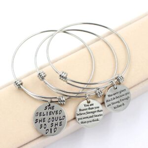 3 Pack Women Engraved Message Inspirational Words Round Charm Bracelets Set Expandable Silver Plated Stainless Steel Motivational Bangle Bracelet 3 Pic Set