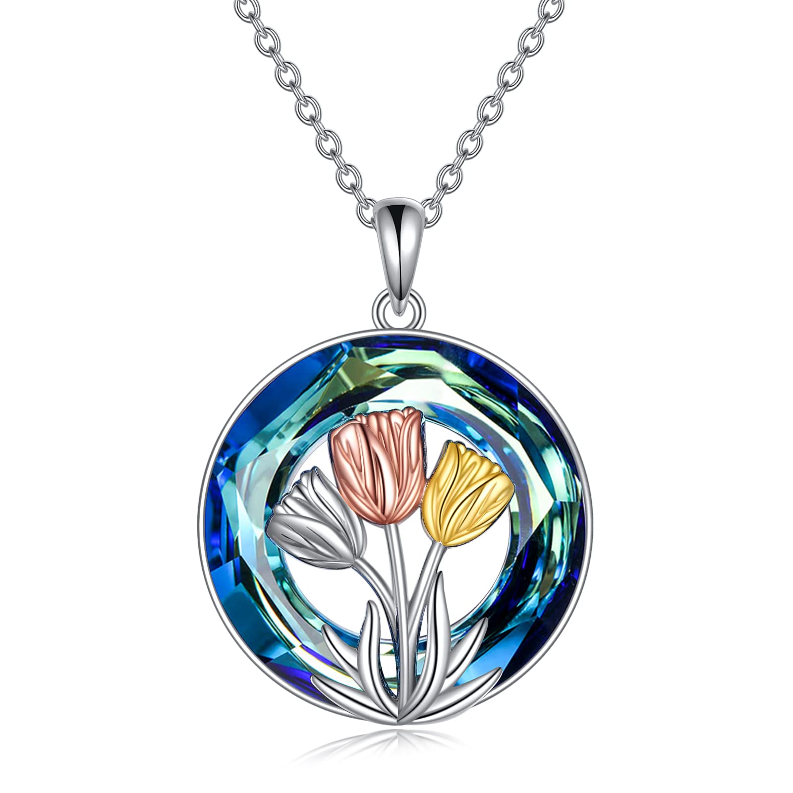 CRMAD Tulips Necklace Sterling Silver Crystal Flower Tulips Jewelry Mother's Day Gifts for Mom