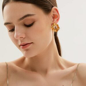 POVIK 14K Gold Plated Flower Hoop Earrings, Vintage Irregular Circular Exaggerated Statement Stud Earrings