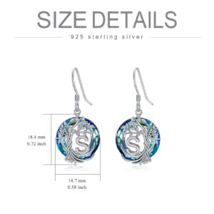 TOUPOP Tree of Life Initial Earrings 925 Sterling Silver Initial S Letter Drop Dangle Earrings with Blue Circle Crystal Family Tree Jewelry Anniversary Birthday Christmas Gifts for Women