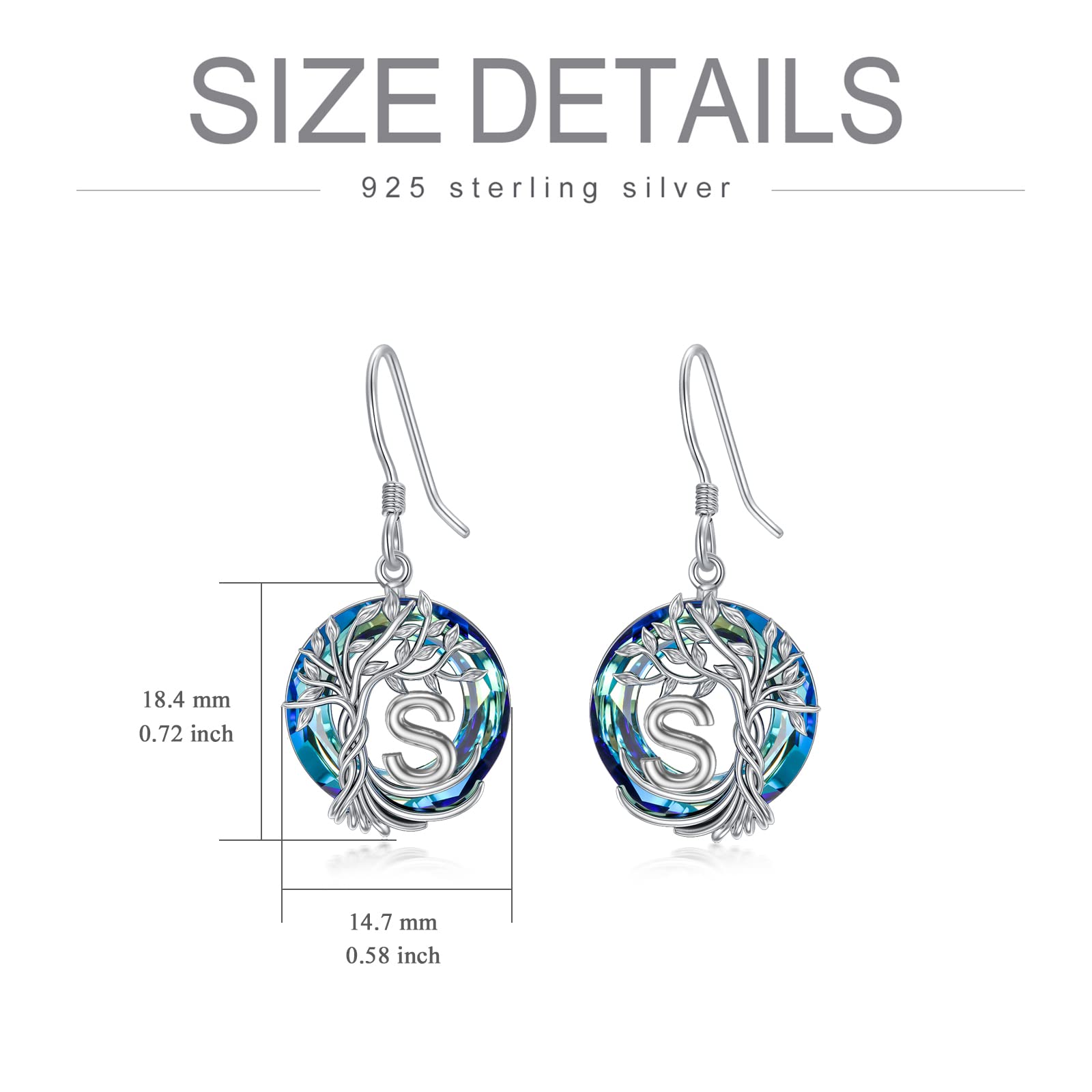 TOUPOP Tree of Life Initial Earrings 925 Sterling Silver Initial S Letter Drop Dangle Earrings with Blue Circle Crystal Family Tree Jewelry Anniversary Birthday Christmas Gifts for Women