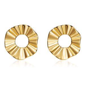 POVIK 14K Gold Plated Flower Hoop Earrings, Vintage Irregular Circular Exaggerated Statement Stud Earrings