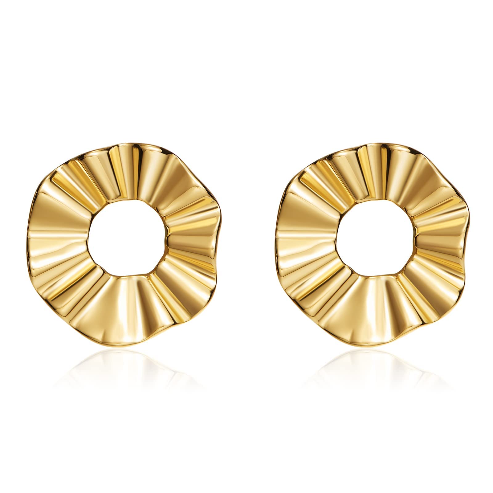 POVIK 14K Gold Plated Flower Hoop Earrings, Vintage Irregular Circular Exaggerated Statement Stud Earrings