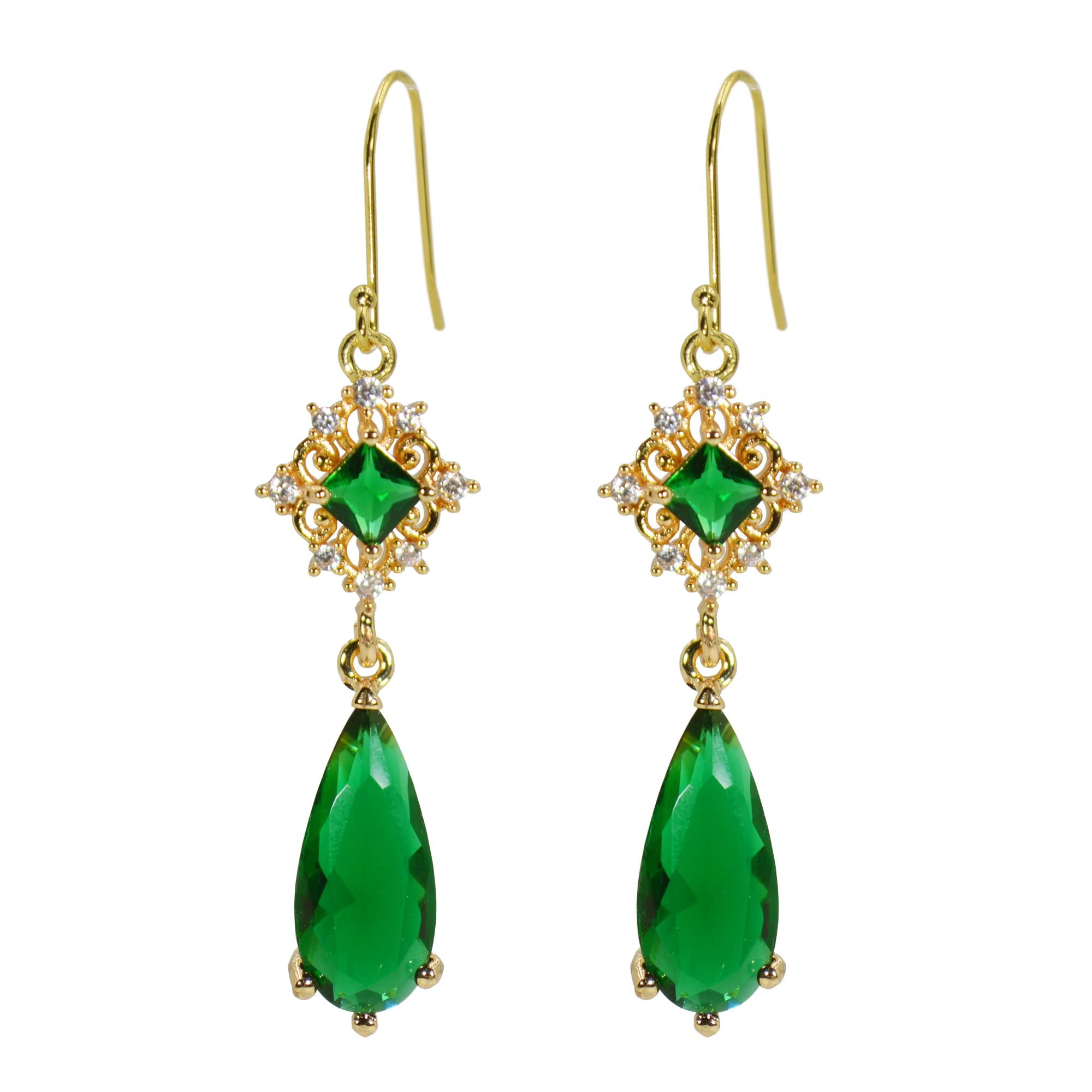 MOMOCAT 18K Gold Plated Vintage Emerald Green and Gold Hanging Earings Statement Earingings Dangling Formal Chandelier Fancy Dangle Earring Jewelry Hypoallergenic Long Fashion Earrings Aesthetic for