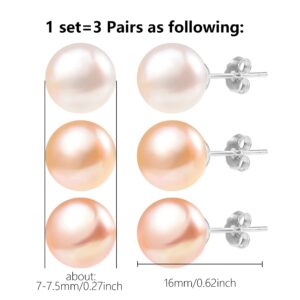 3 Pairs 925 Sterling Silver Cultured Pearl Stud Earrings Set AAA Pearl Studs Hypoallergenic Sterling Silver Post Pearl Earrings for Women(White/Pink/Purple 7mm)