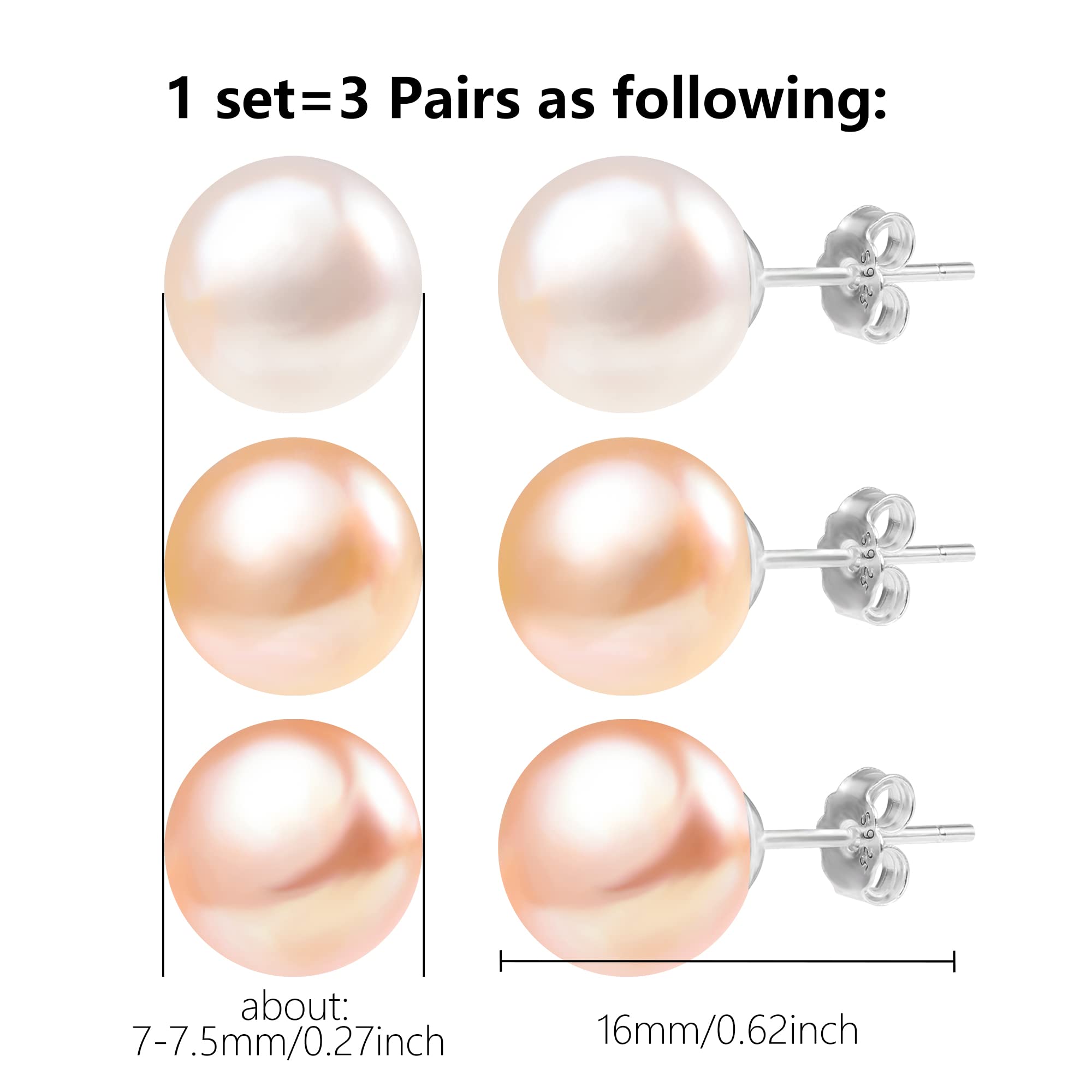 3 Pairs 925 Sterling Silver Cultured Pearl Stud Earrings Set AAA Pearl Studs Hypoallergenic Sterling Silver Post Pearl Earrings for Women(White/Pink/Purple 7mm)