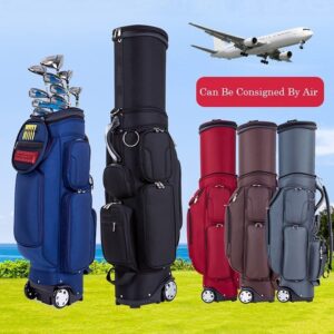 QHH Lightweight Golf Stand Bag with Locking Wheels Chassis & 6 Way Dividers Golf Travel Bag Easy Carry Space Saving Waterproof and Durable