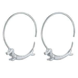 Lotus Fun S925 Sterling Silver Hoop Earrings Lovely Flying Dachshund Dog Big Round Hoop Earrings for Women (Sliver)