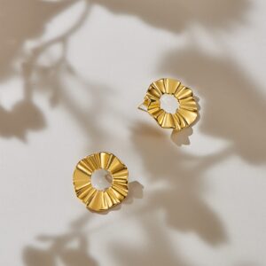 POVIK 14K Gold Plated Flower Hoop Earrings, Vintage Irregular Circular Exaggerated Statement Stud Earrings