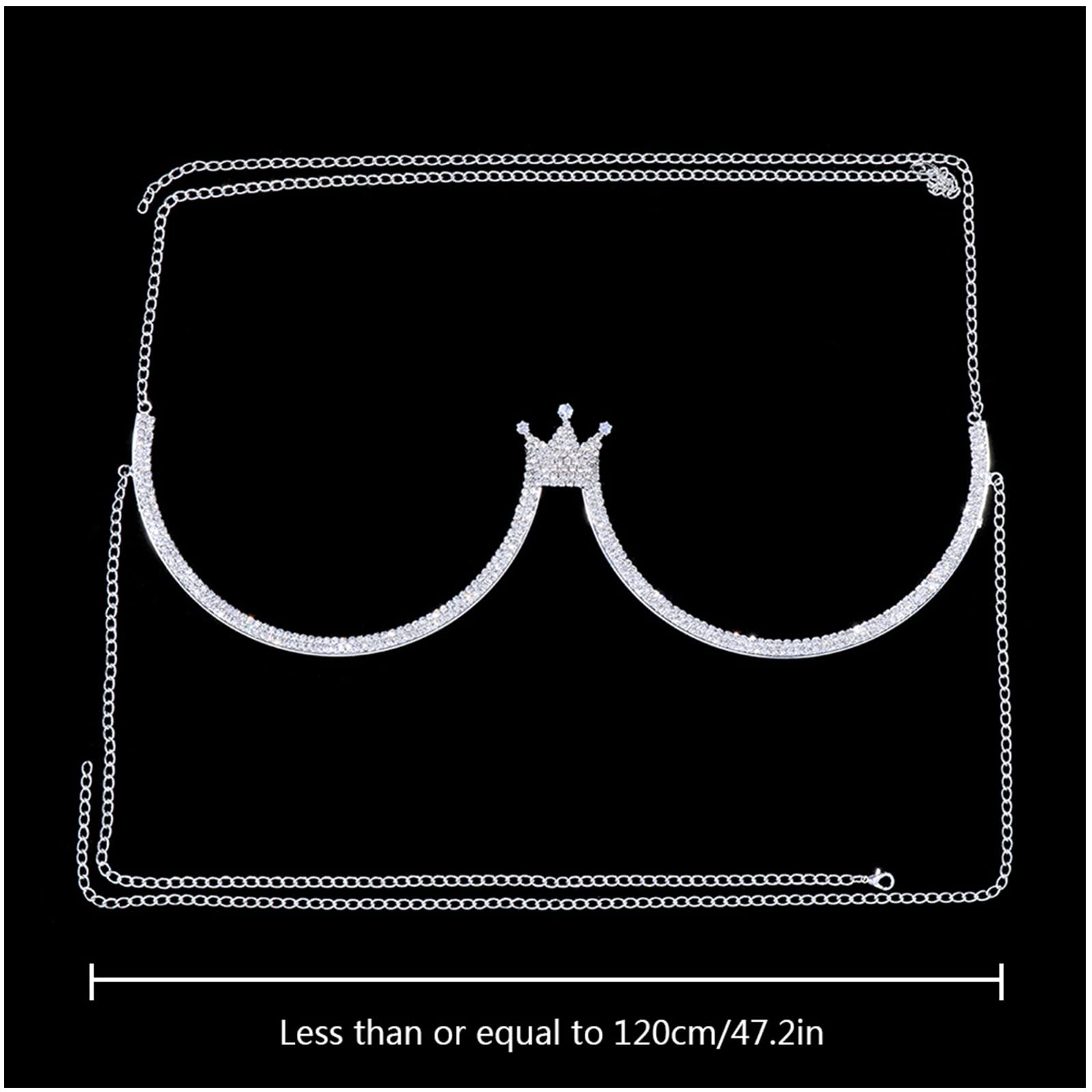 Rhinestone Chest Bracket Chain Trendy Queen Crown Crystal Harness Chest Bra Chain Sexy Bikini Nightclub Body Chain Jewelry for Women (Crown-silver)