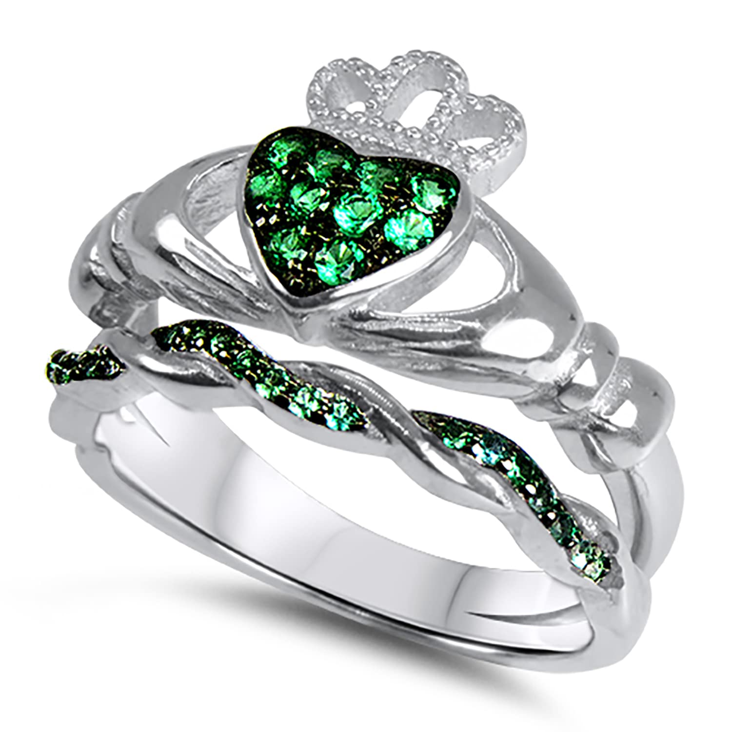 His Hers Celtic Wedding Ring Set TRIO 3 PCS Simulated Emerald Bridal Set Silver Black 316L Steel Him Her