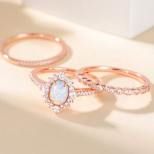 TIGRADE 1.5CT Oval Opal Bridal Ring Sets 3Pcs Rose Gold Stackable Rings Cubic Zirconia Engagement Halo CZ Wedding Band for Women Size 3-12, Size 7