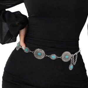 Navoky Turquoise Chain Belts Concho Belt Silver Metal Western Waist Chain Retro Boho Cowgirl Outfit Accessories for women (F, Small)