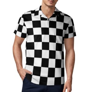 Ykklima Black White Race Checkered Flag Pattern Mens Polo Shirts Short Sleeve Moisture Wicking Fashion Shirt for Men