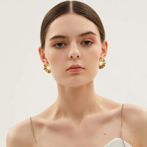 POVIK 14K Gold Plated Flower Hoop Earrings, Vintage Irregular Circular Exaggerated Statement Stud Earrings