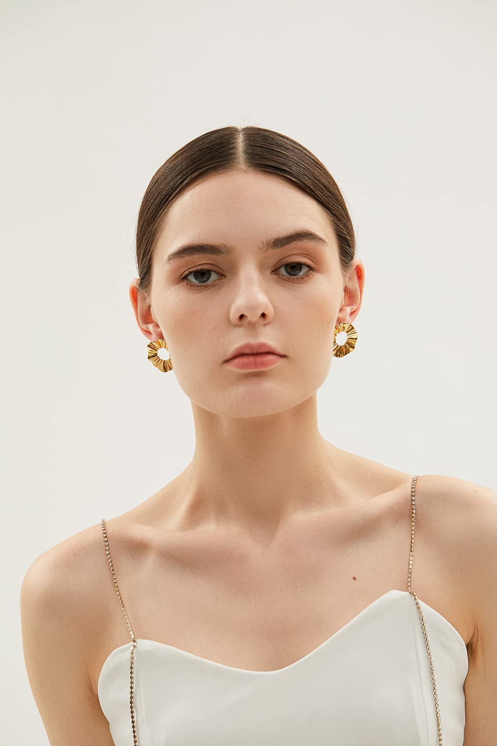 POVIK 14K Gold Plated Flower Hoop Earrings, Vintage Irregular Circular Exaggerated Statement Stud Earrings