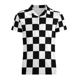 Ykklima Black White Race Checkered Flag Pattern Mens Polo Shirts Short Sleeve Moisture Wicking Fashion Shirt for Men