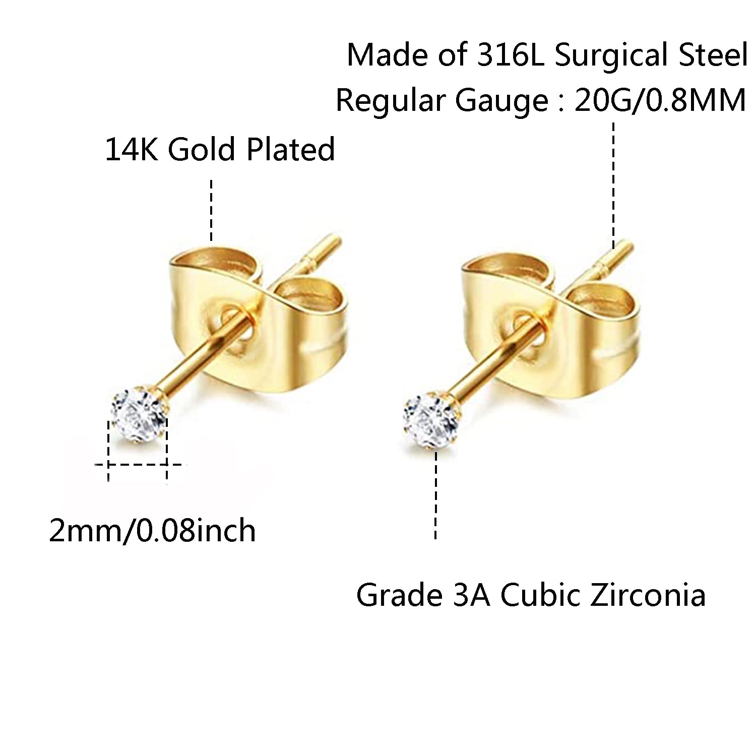 Hayfunaa 2MM Cubic Zirconia CZ Stud Earrings Gold: 14K Plated 20G Mini Stud Earrings Set - Cartilage Helix 2-nd 3-rd Hole Micro Multiple Piercing Jewelry Hypoallergenic Post Earring, Pack of 6 Pairs