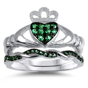 His Hers Celtic Wedding Ring Set TRIO 3 PCS Simulated Emerald Bridal Set Silver Black 316L Steel Him Her