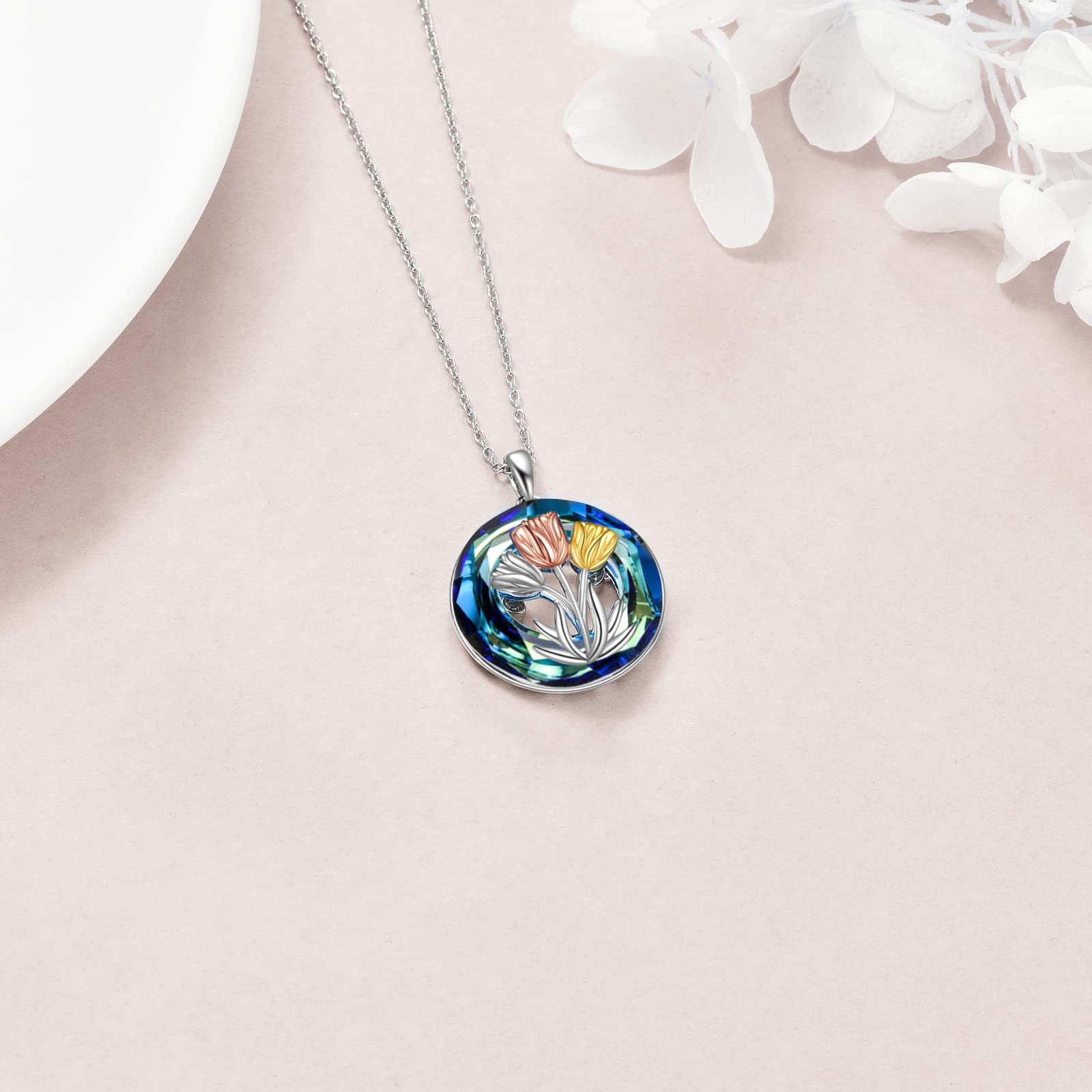 CRMAD Tulips Necklace Sterling Silver Crystal Flower Tulips Jewelry Mother's Day Gifts for Mom