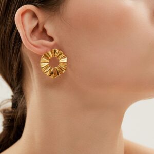 POVIK 14K Gold Plated Flower Hoop Earrings, Vintage Irregular Circular Exaggerated Statement Stud Earrings