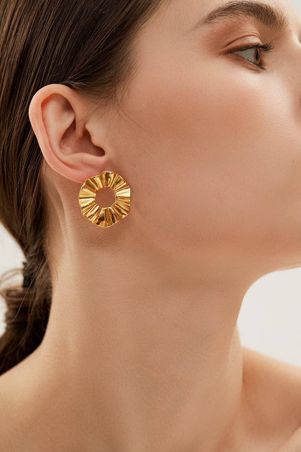 POVIK 14K Gold Plated Flower Hoop Earrings, Vintage Irregular Circular Exaggerated Statement Stud Earrings