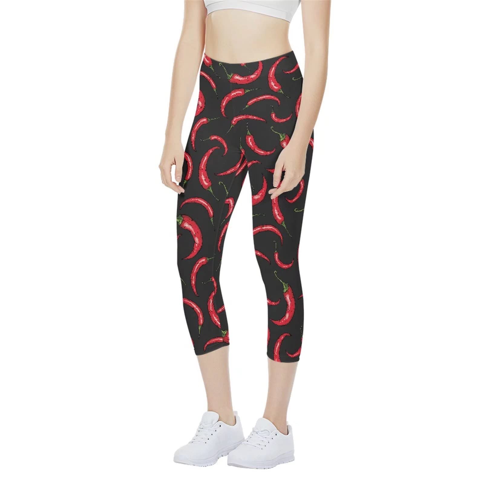 AFPANQZ Chili Pattern High Waist Leggings for Women Athletic Pants Tummy Control Butt Lift Tight Yoga Pants Women's Outdoor Athletic Leggings Capri Black Red M