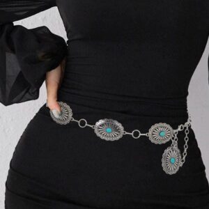 Navoky Turquoise Chain Belts Concho Belt Silver Metal Western Waist Chain Retro Boho Cowgirl Outfit Accessories for women (B, Medium)