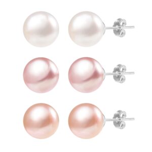 3 Pairs 925 Sterling Silver Cultured Pearl Stud Earrings Set AAA Pearl Studs Hypoallergenic Sterling Silver Post Pearl Earrings for Women(White/Pink/Purple 7mm)