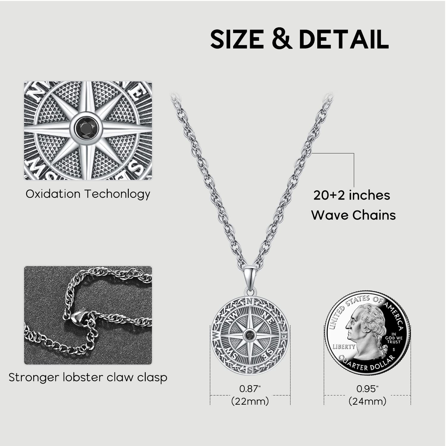 KINGWHYTE Compass Necklace 925 Sterling Silver Oxidized Retro Celtic Jewellery Compass Birthday Gifts for Men Women with Stainless Steel Chain 55cm