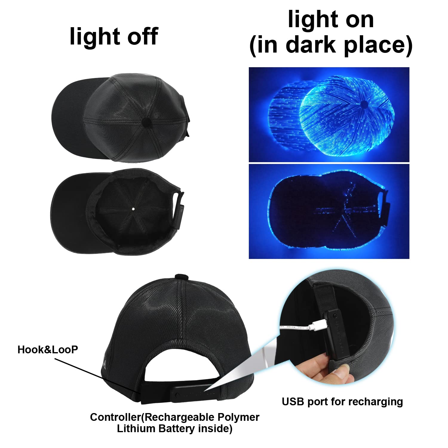 Ruconla Fiber Optic Cap LED hat with 7 Colors Luminous Glowing EDC Baseball Hats USB Charging Light up Even Party led Halloween cap for Event Holiday Black