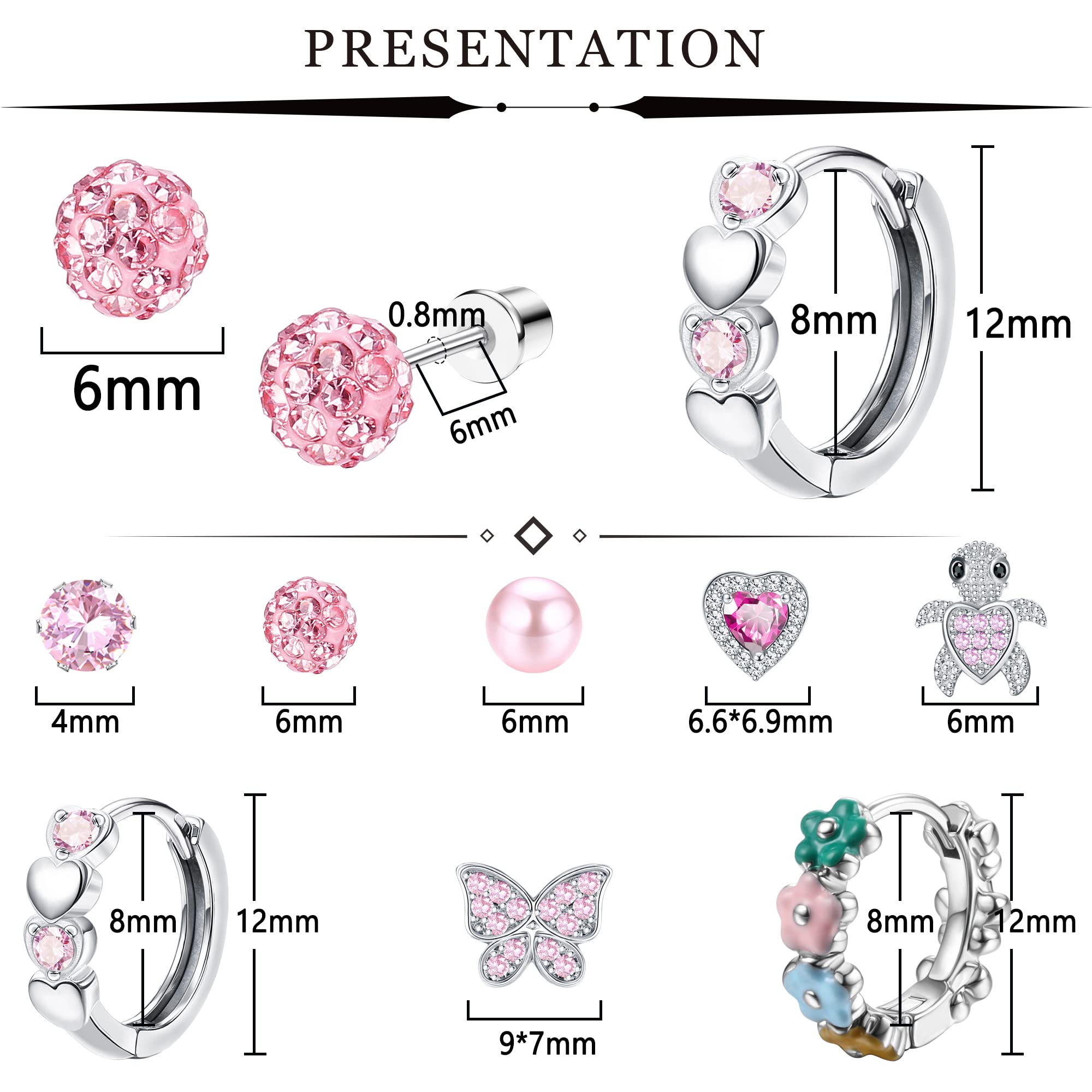 THUNARAZ Hypoallergenic Screwback Earrings Studs for Girls Women 316L Stainless Steel Cute Heart Hoop Earrings CZ Butterfly Turtle Screw Back Stud Earrings 20G(Pink&Colorful Flower)