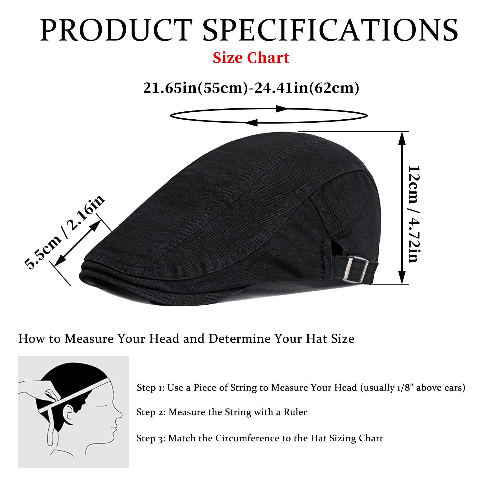 FuninCrea Adjustable Men Flat Cap, Cotton Newsboy Hats Gatsby Ivy Irish Hats, Breathable Beret Cabbie Hat for Golf Driving Hunting (Black)