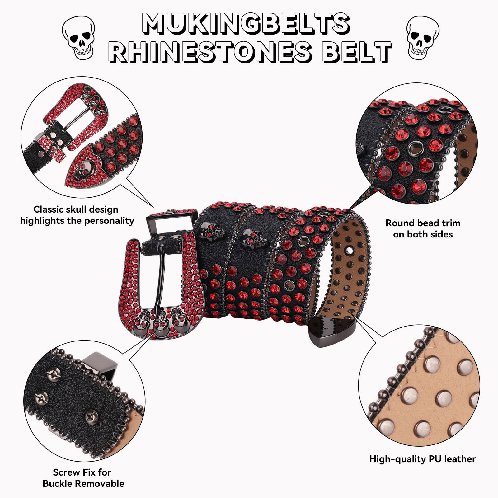 MUKINGBELTS Men Women Skull Rhinestone Belts Western Bling Luxury Strap Studded Leather Belt (Black-Red, 40: Fit waist from 28"-30")