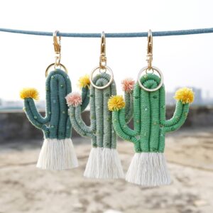 ZOONAI Women Girls Weaving Cactus Tassel Keychain Bag Keyring Holder Wallet Purse Pendant Decorations (A-Light Green)