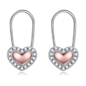 YFN Heart Safety Pin Earrings Sterling Silver Hoop Earrings for Women Drop Dangle Cartilage Earring Gifts (Pink)