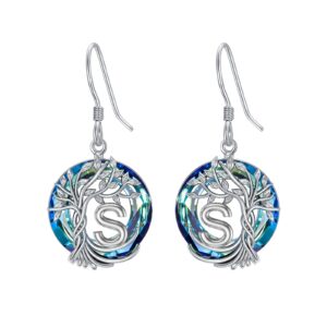 TOUPOP Tree of Life Initial Earrings 925 Sterling Silver Initial S Letter Drop Dangle Earrings with Blue Circle Crystal Family Tree Jewelry Anniversary Birthday Christmas Gifts for Women