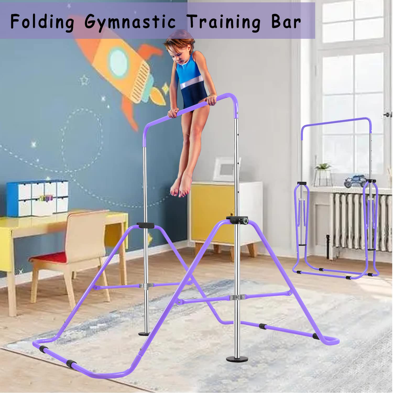 Bighaki808 Gymnastics Bars Kids Training Bars for Home, Folding Horizontal Bars with Adjustable Height Expandable Gymnastics Equipment Junior Kip Monkey Bar for Girls & Boys (Purple)