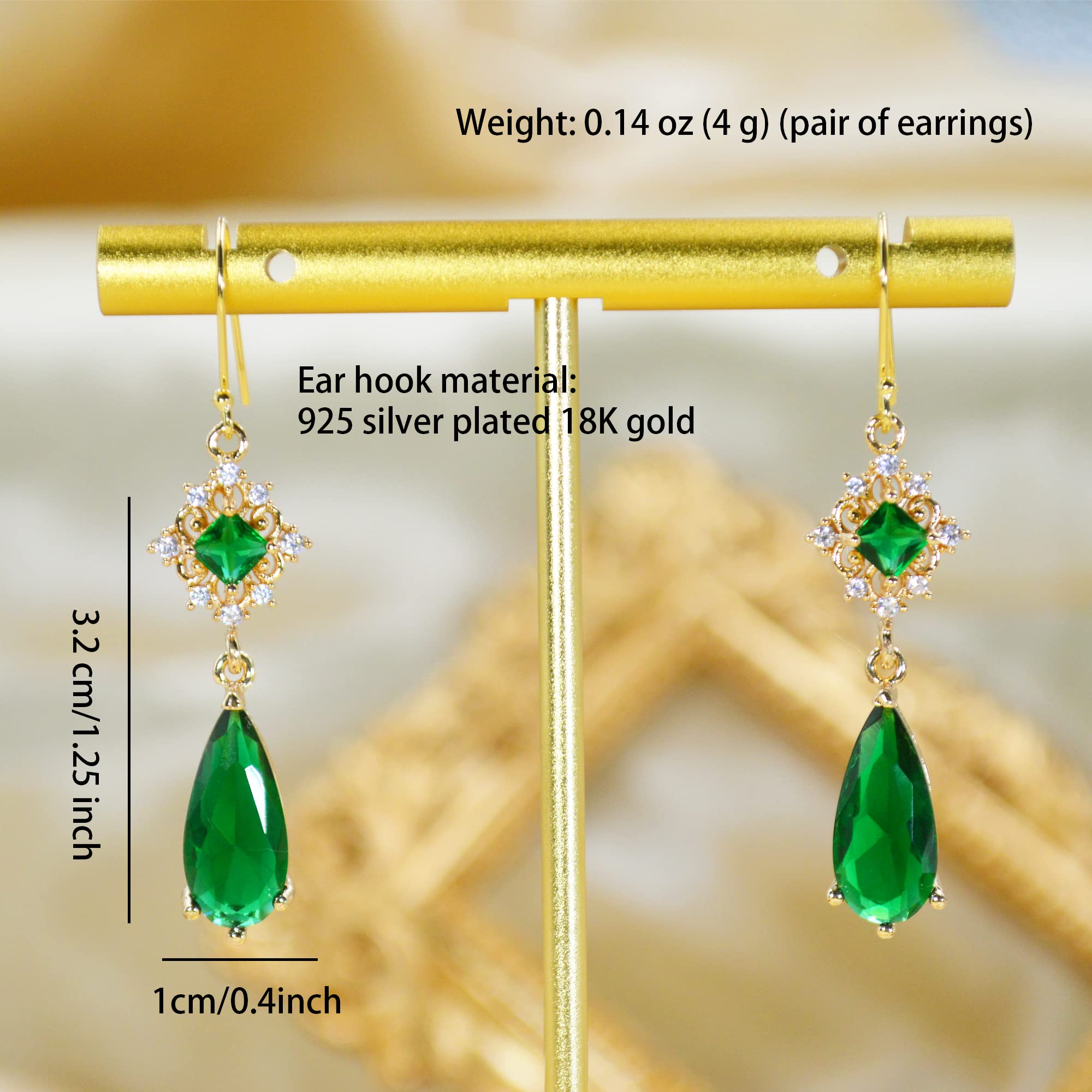 MOMOCAT 18K Gold Plated Vintage Emerald Green and Gold Hanging Earings Statement Earingings Dangling Formal Chandelier Fancy Dangle Earring Jewelry Hypoallergenic Long Fashion Earrings Aesthetic for