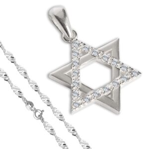 iceberry jewish star of david necklace for women - dainty 925 sterling silver cubic zirconia 6 point star pendant with singapore chain 19.7"- judaica hebrew jewelry (white)