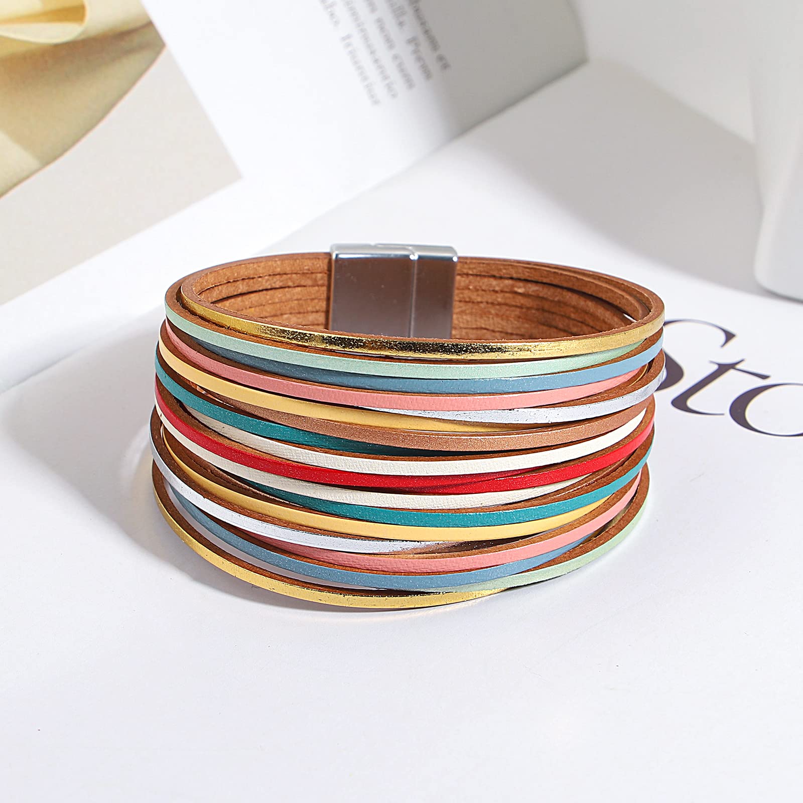 hotoo Leather Wrap Bracelet for Women Colorful Bohemian Friendship Stackable Layered Bracelets Boho Multi Strand Bracelets Jewelry with Clasp for Teen Girls Sister and Mother