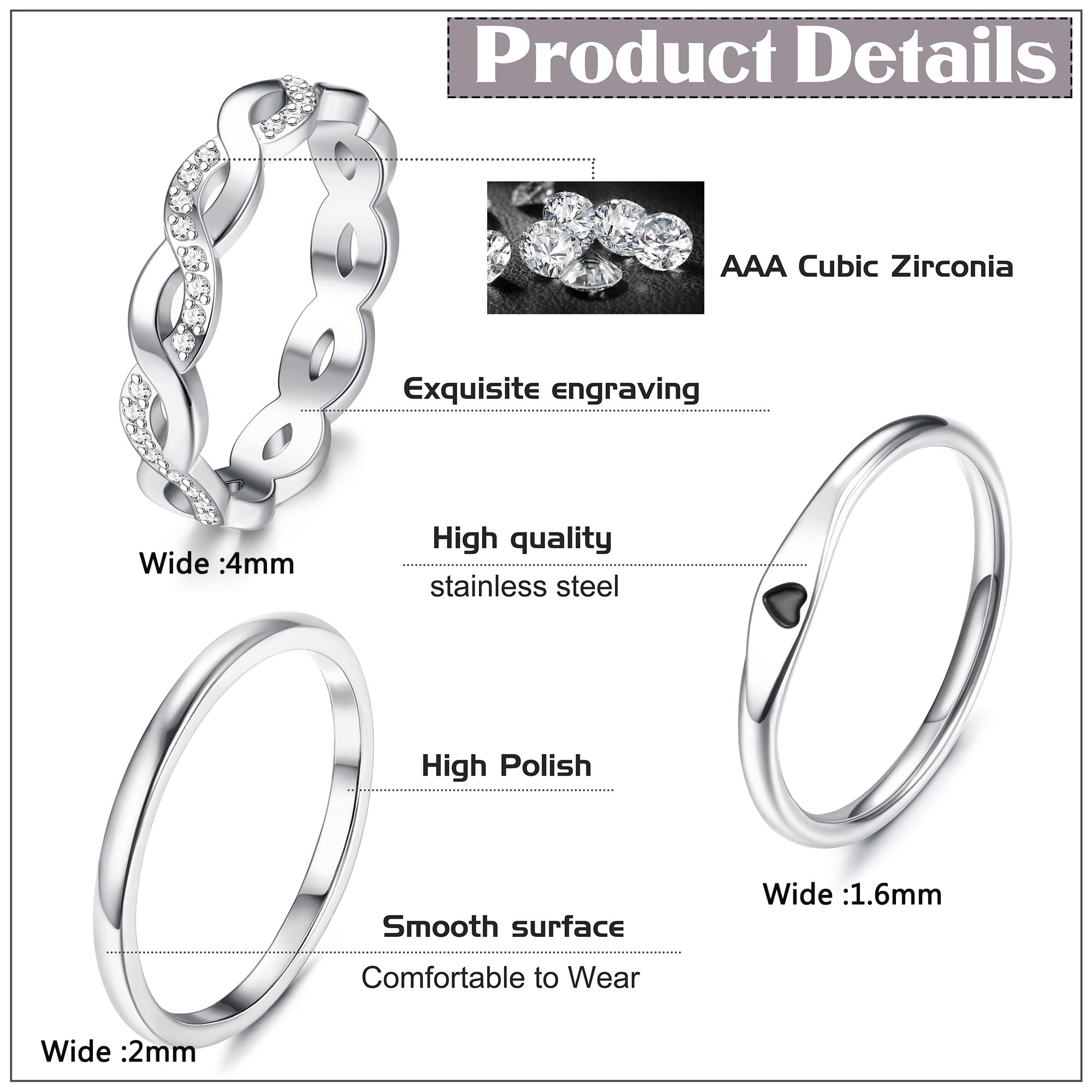 JeryWe 6 Pcs Stainless Steel Rings for Women Set Gold/Silver Knuckle Rings Stackable Simple Carve Heart Wedding Bands Engagement Promise Eternity Bands Thumb Rings for Women