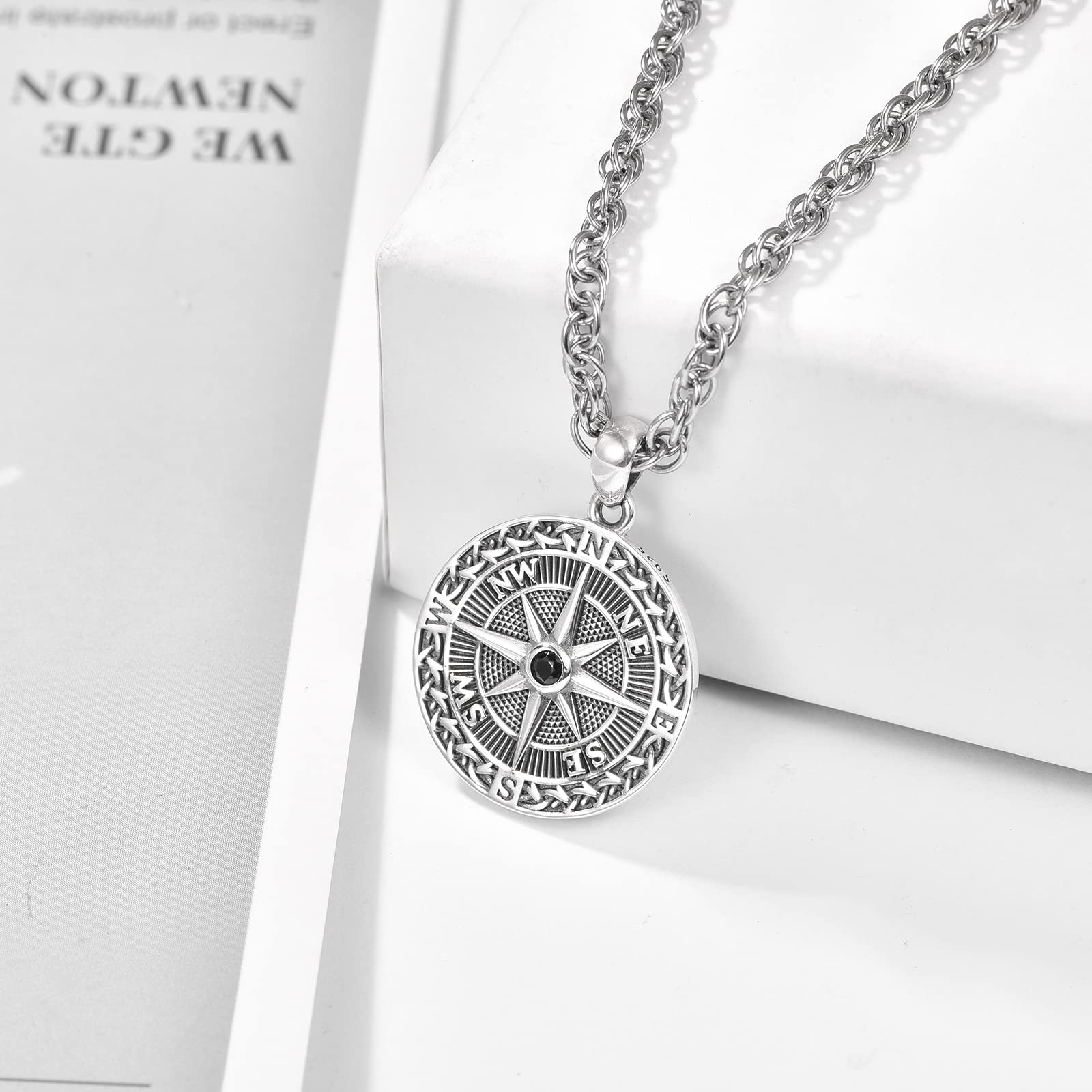 KINGWHYTE Compass Necklace 925 Sterling Silver Oxidized Retro Celtic Jewellery Compass Birthday Gifts for Men Women with Stainless Steel Chain 55cm