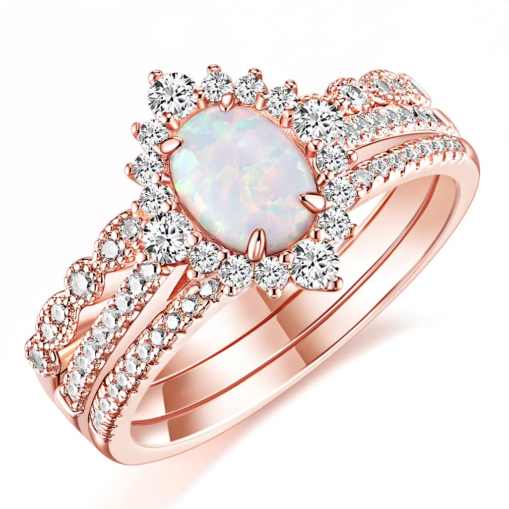 TIGRADE 1.5CT Oval Opal Bridal Ring Sets 3Pcs Rose Gold Stackable Rings Cubic Zirconia Engagement Halo CZ Wedding Band for Women Size 3-12, Size 7